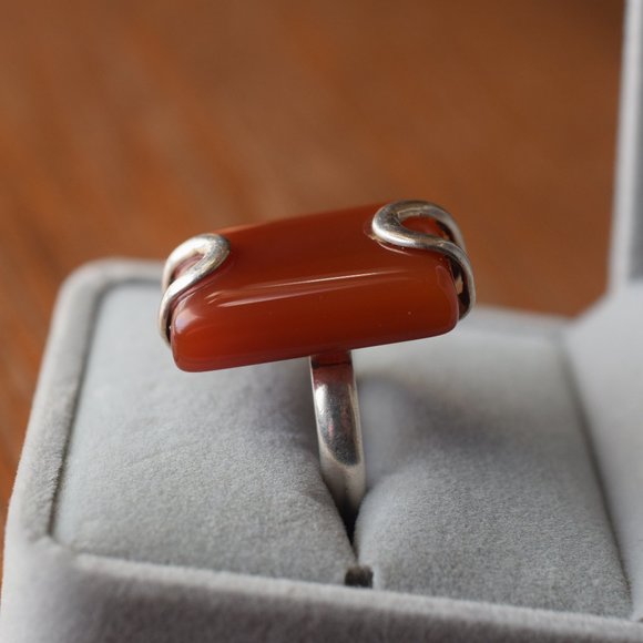Vintage Unique Art Deco Large Sterling Silver Carnelian Ring - Picture 2 of 9